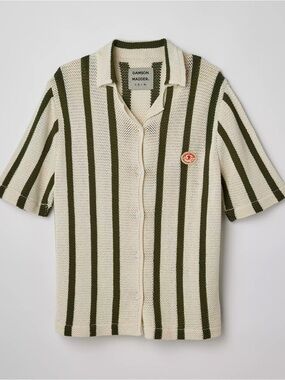 Damson Madder Green Stripe Knit Button-Down Shirt in Cream